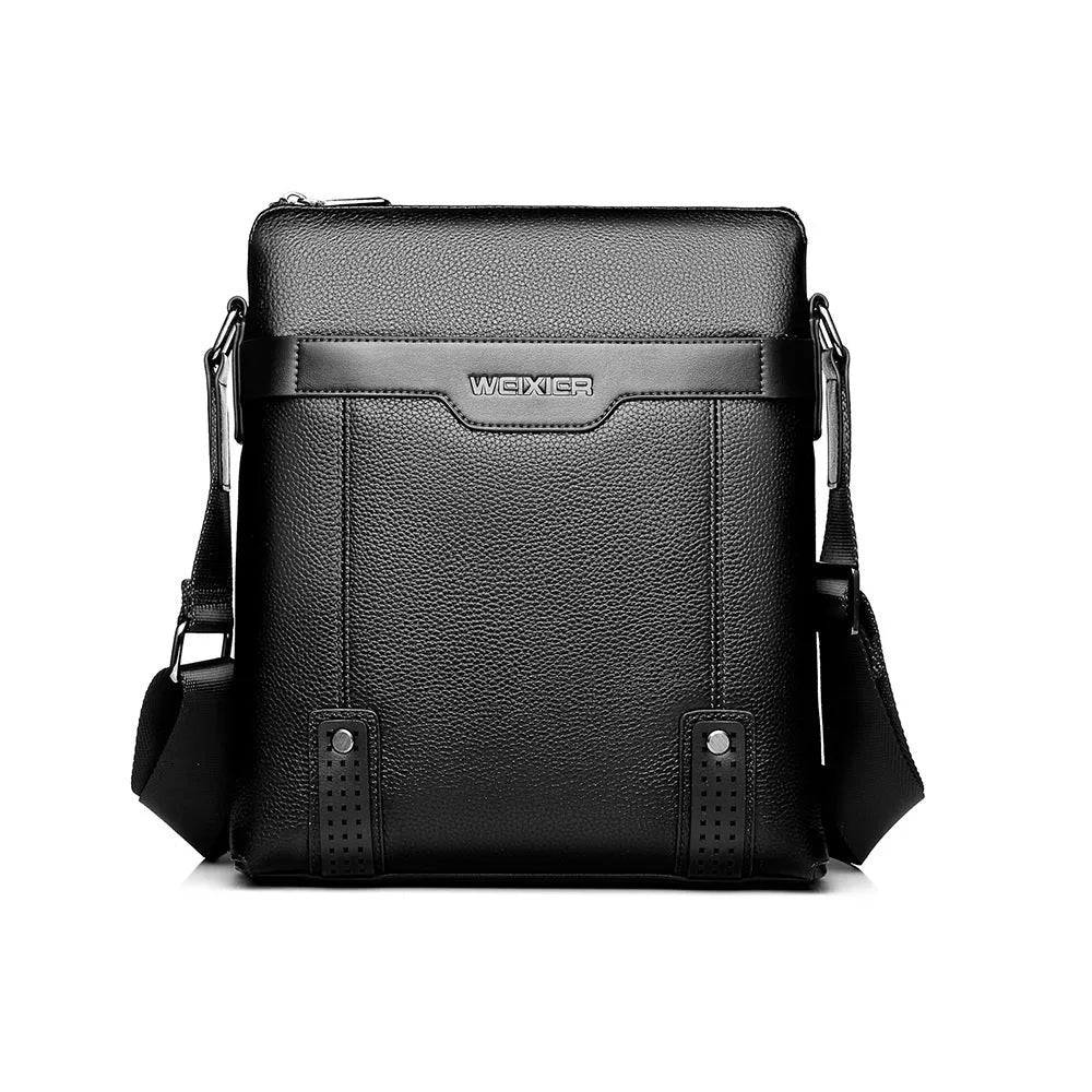 Medium black PU leather men's casual shoulder bag with zipper and single strap.