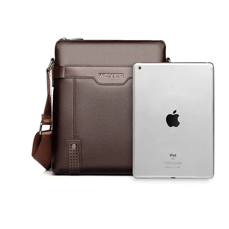 Medium black PU leather men's casual shoulder bag with zipper and single strap.