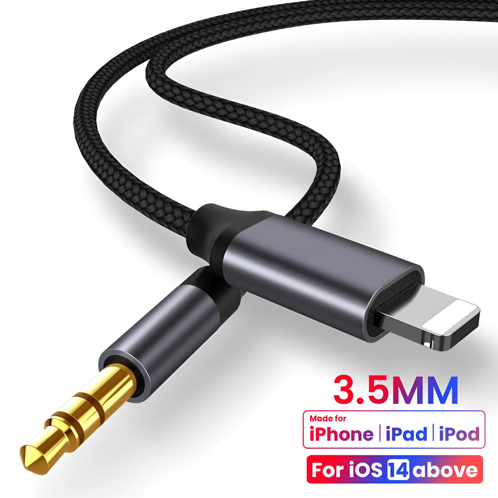 Silver nylon braided 3.5mm aux audio cable on white background