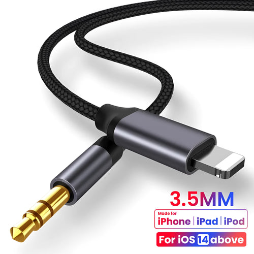 Silver nylon braided 3.5mm aux audio cable on white background