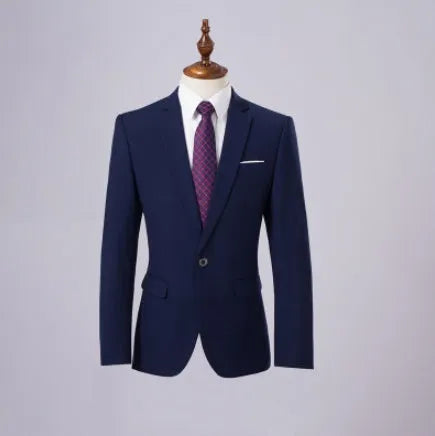 Men's single-breasted flat collar business suit set in dark blue with jacket and trousers on display