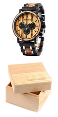 Wooden watch with pointer and number display, mineral glass, wood strap and case, with square box