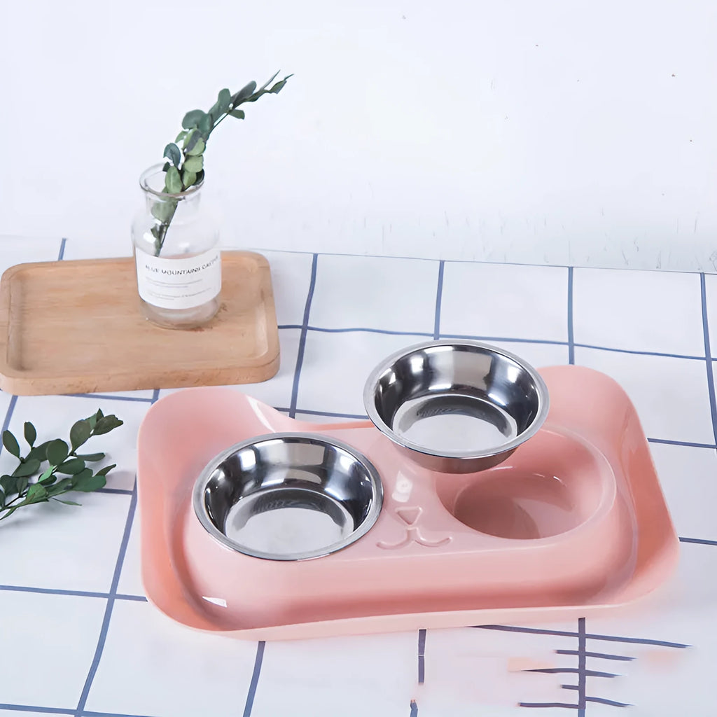 Pet stainless steel drinking water and feeding cat bowl with blue PP tray on floor