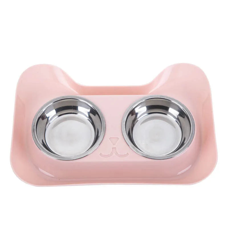Pet stainless steel drinking water and feeding cat bowl with blue PP tray on floor