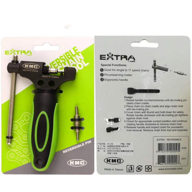 Green steel bicycle chain repair tool with a double shaft device and a separate chain driver.