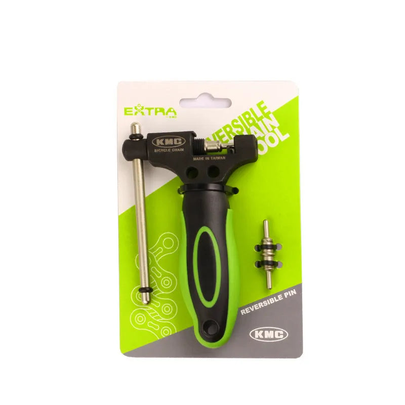 Green steel bicycle chain repair tool with a double shaft device and a separate chain driver.