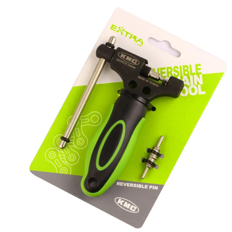 Green steel bicycle chain repair tool with a double shaft device and a separate chain driver.