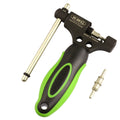 Green steel bicycle chain repair tool with a double shaft device and a separate chain driver.