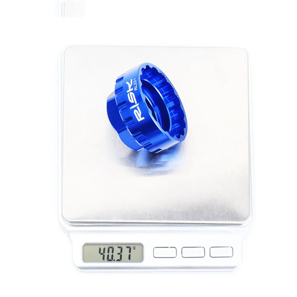 Blue aluminium bicycle cassette removal tool for 12-speed direct mount disc systems