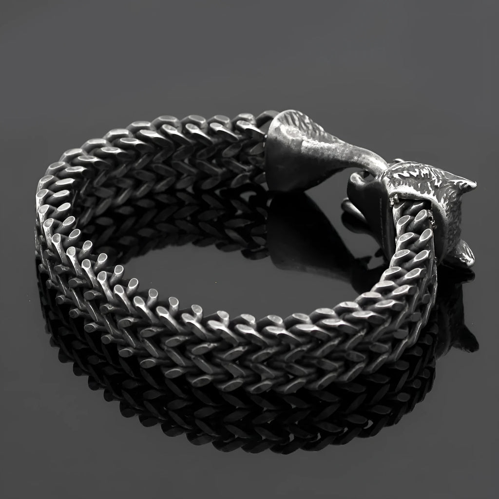 Men's titanium steel wolf head Cuban chain bracelet vintage black 21cm