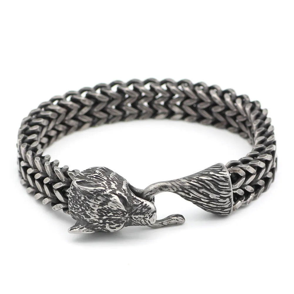 Men's titanium steel wolf head Cuban chain bracelet vintage black 21cm