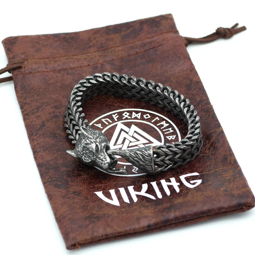 Men's titanium steel wolf head Cuban chain bracelet vintage black 21cm