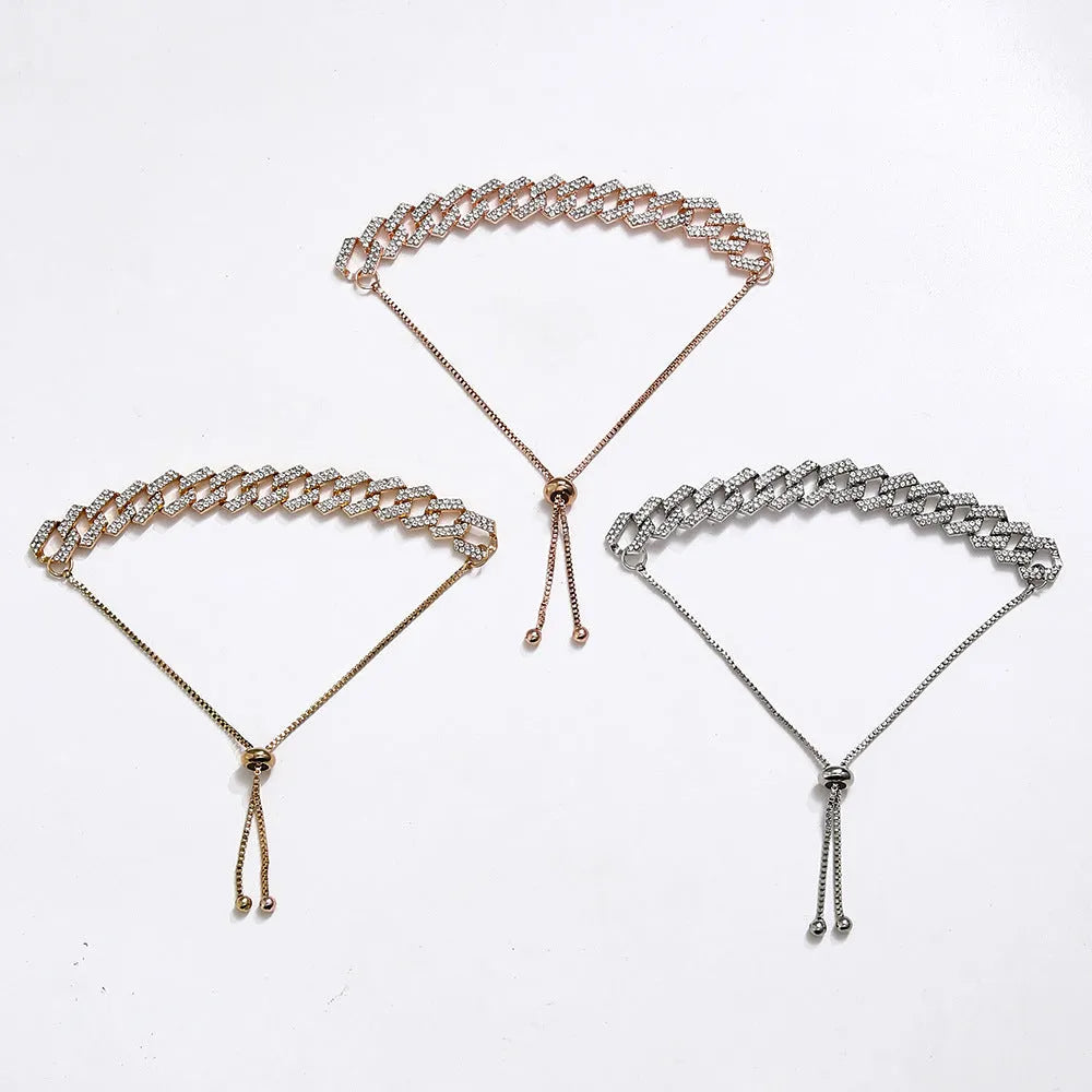 Hip hop unisex thick Figaro chain bracelet in gold with crystal inlay, drawstring closure