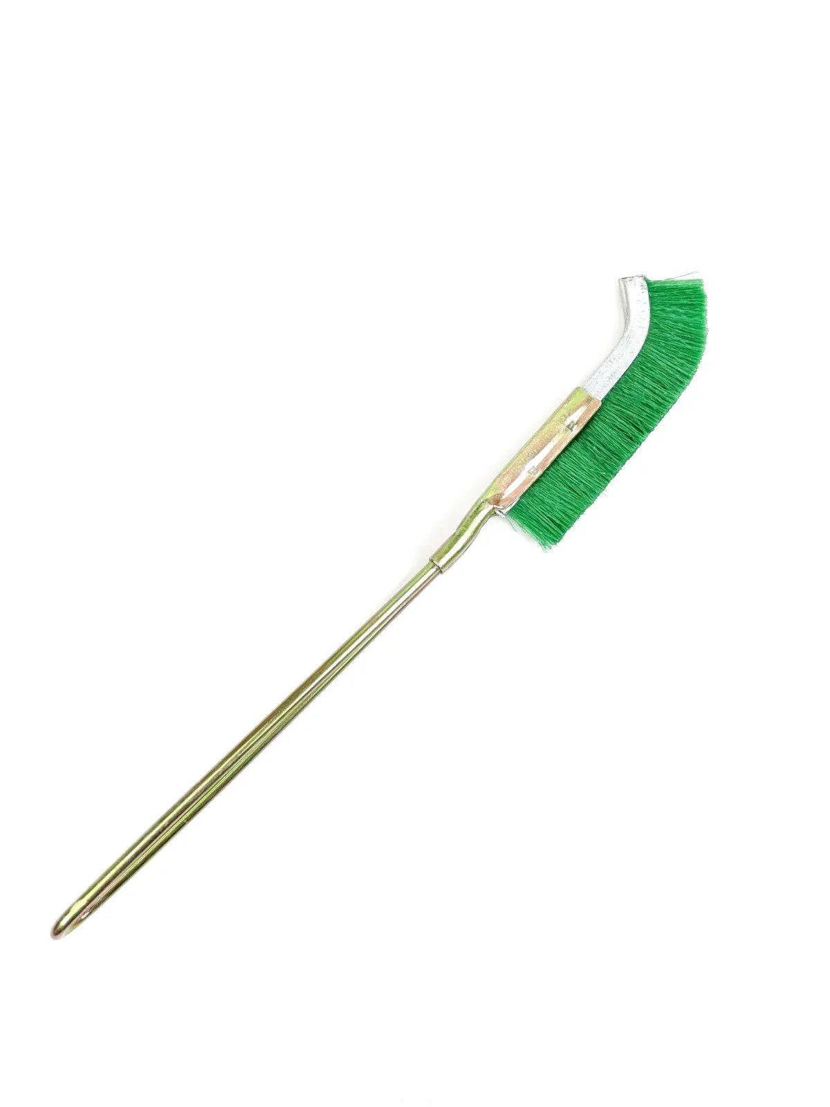 Green elbow-shaped rust removal brush with metal handle and nylon wire bristles for range hood cleaning