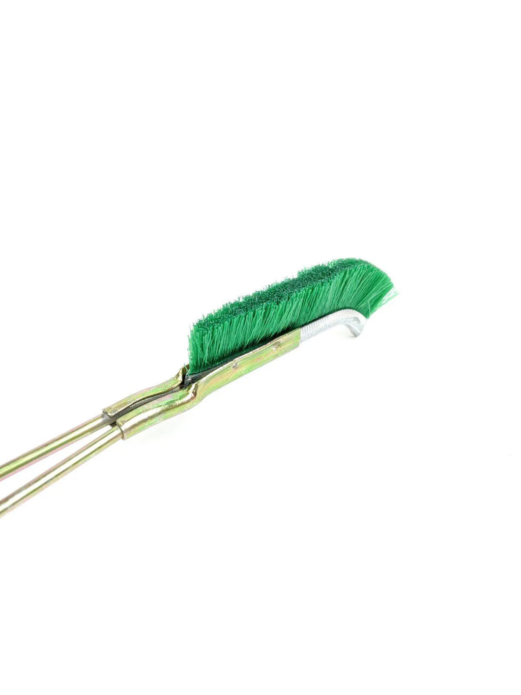 Green elbow-shaped rust removal brush with metal handle and nylon wire bristles for range hood cleaning