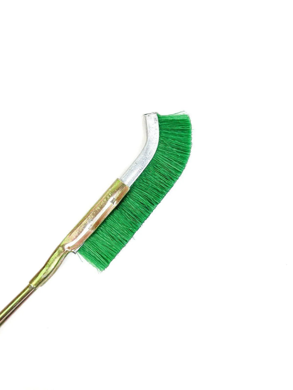 Green elbow-shaped rust removal brush with metal handle and nylon wire bristles for range hood cleaning