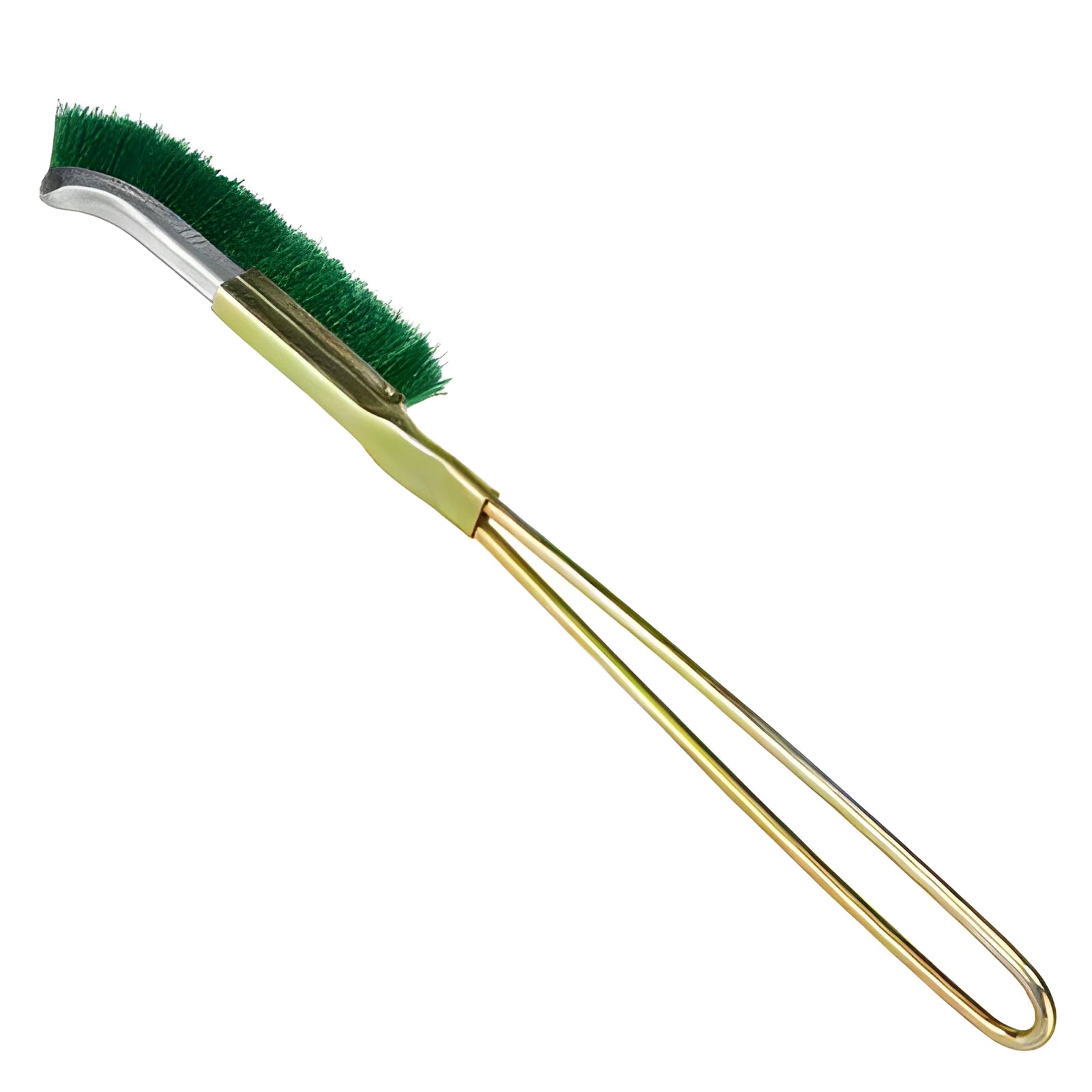 Green elbow-shaped rust removal brush with metal handle and nylon wire bristles for range hood cleaning