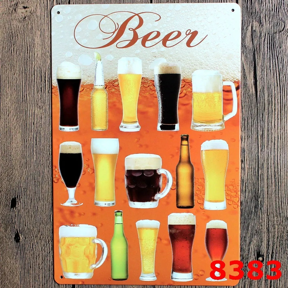 Vintage tin painting wall art with barbecue, hamburger and beer retro design on iron, size 20x30cm.