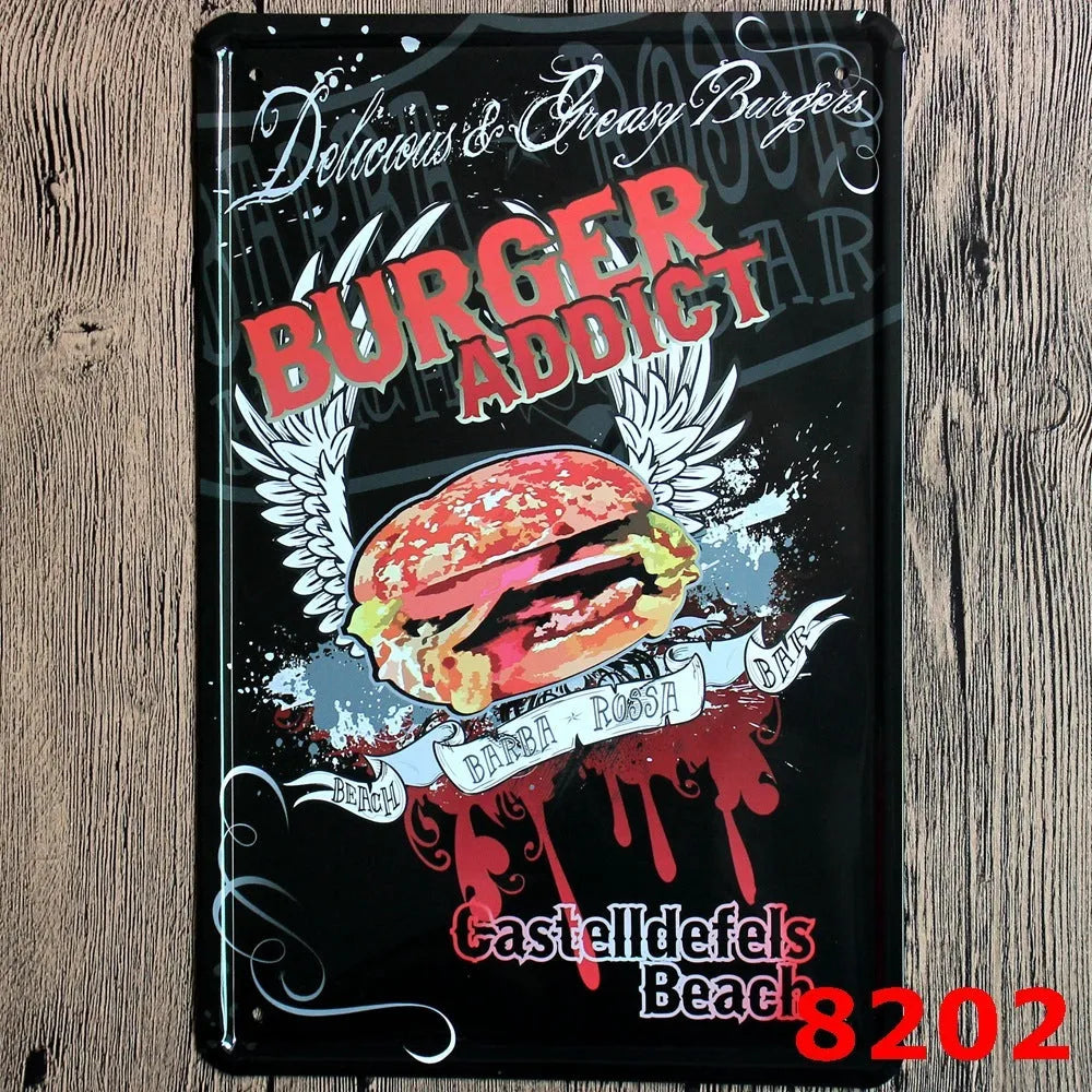 Vintage tin painting wall art with barbecue, hamburger and beer retro design on iron, size 20x30cm.