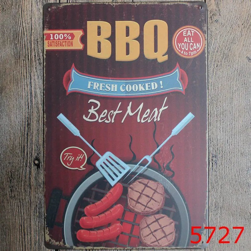 Vintage tin painting wall art with barbecue, hamburger and beer retro design on iron, size 20x30cm.