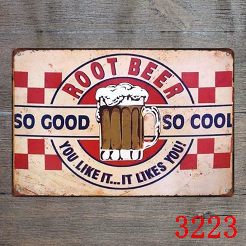 Vintage tin painting wall art with barbecue, hamburger and beer retro design on iron, size 20x30cm.