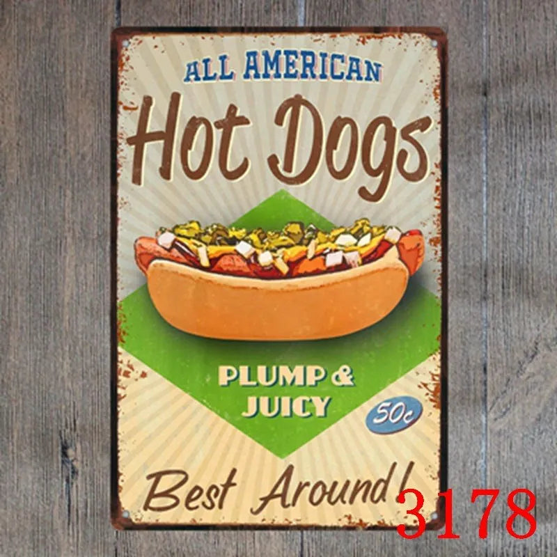 Vintage tin painting wall art with barbecue, hamburger and beer retro design on iron, size 20x30cm.