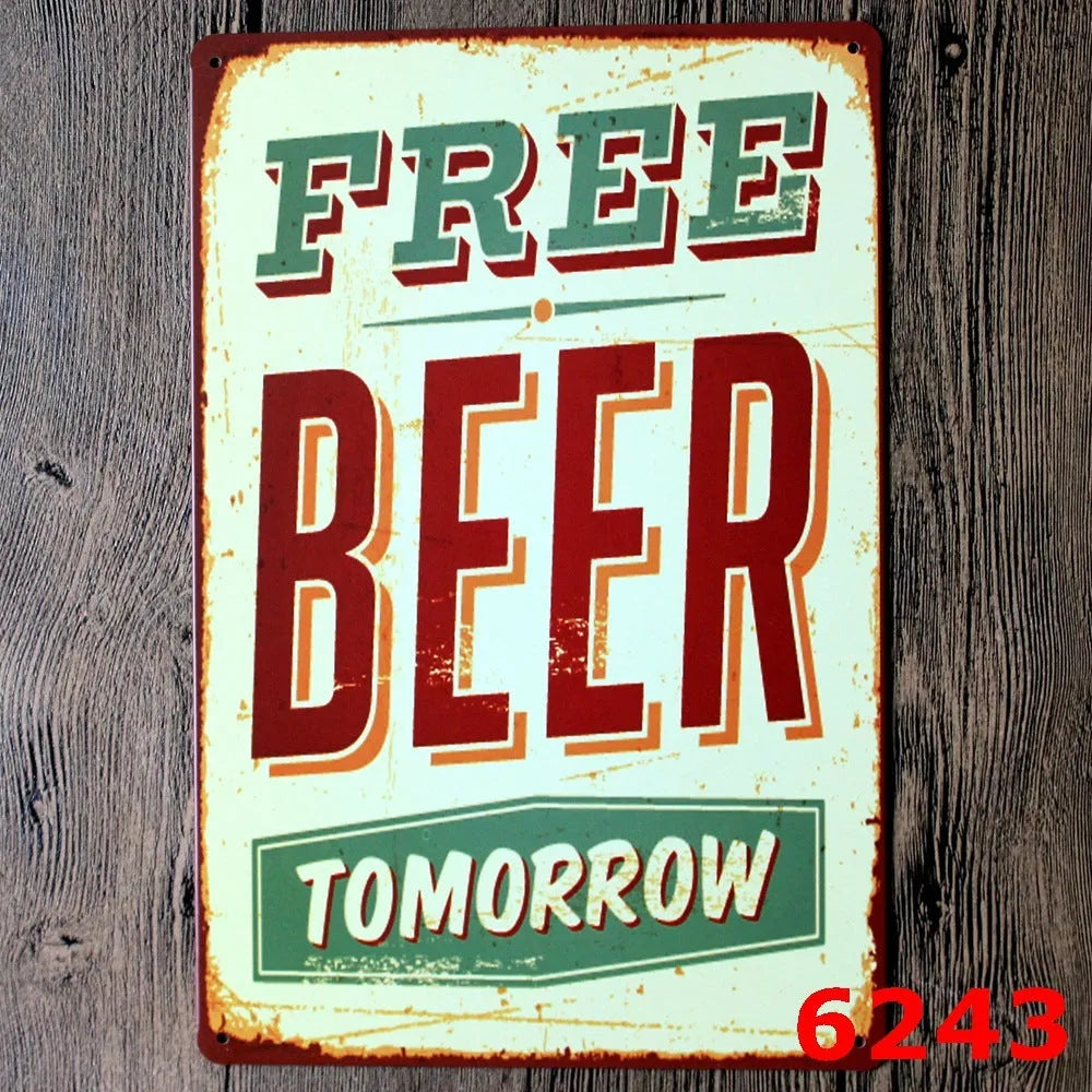 Vintage tin painting wall art with barbecue, hamburger and beer retro design on iron, size 20x30cm.