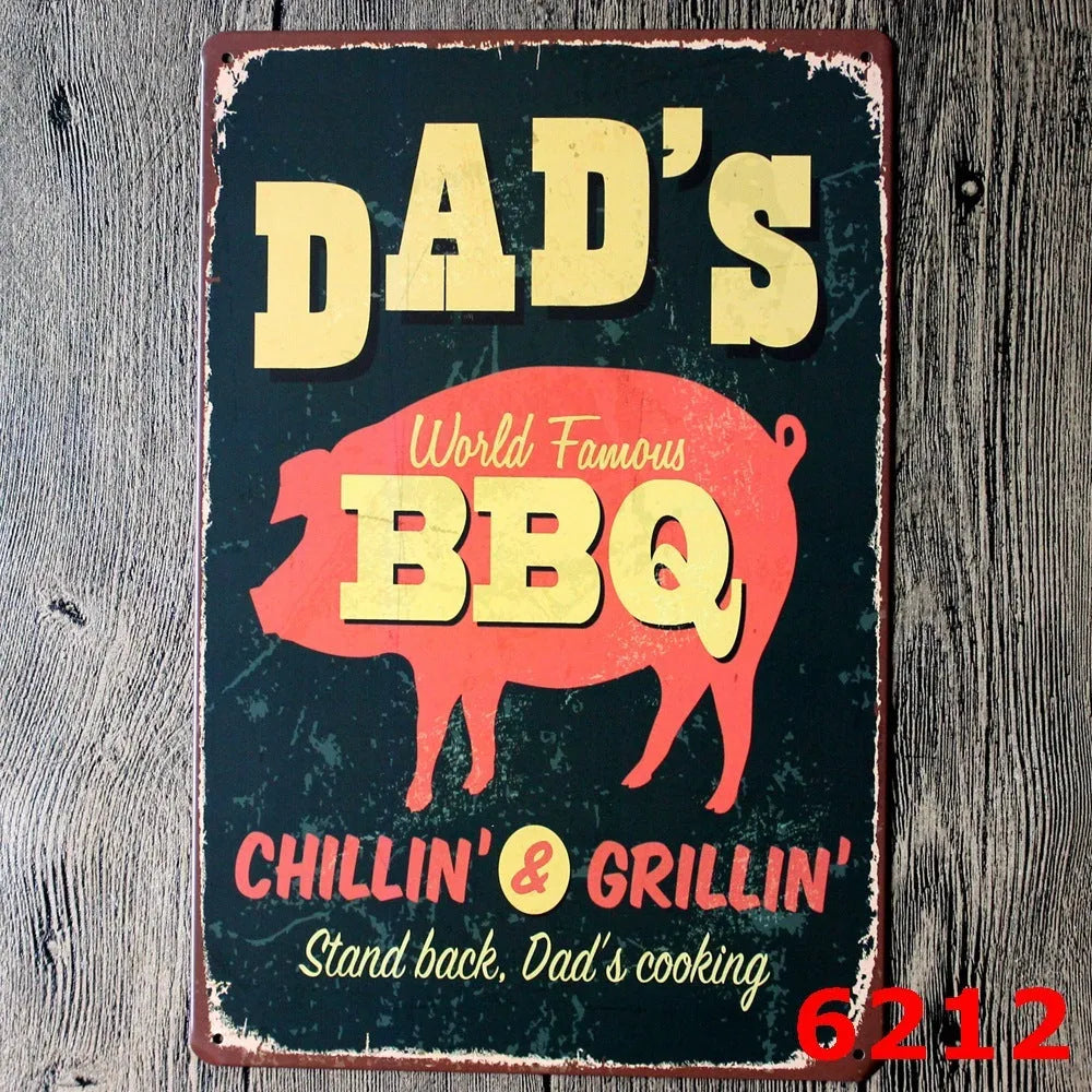 Vintage tin painting wall art with barbecue, hamburger and beer retro design on iron, size 20x30cm.