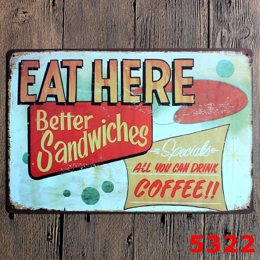 Vintage tin painting wall art with barbecue, hamburger and beer retro design on iron, size 20x30cm.