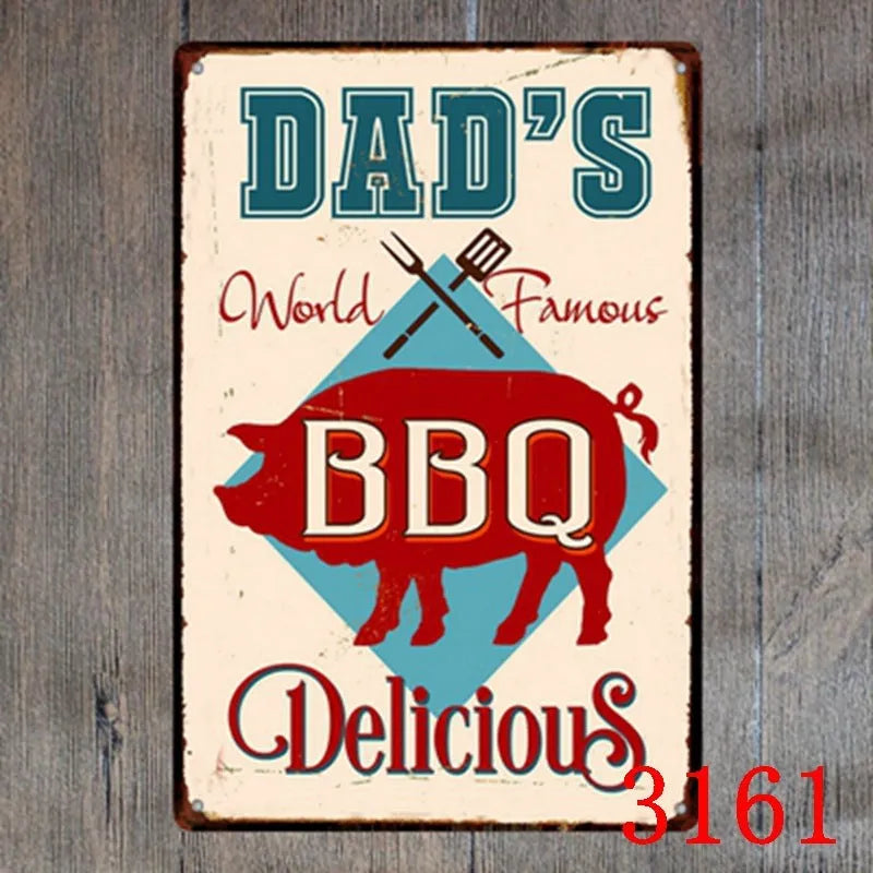 Vintage tin painting wall art with barbecue, hamburger and beer retro design on iron, size 20x30cm.