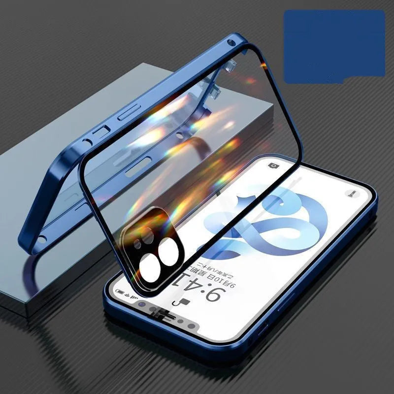 Aluminium alloy metal bumper case for iPhone with double-sided tempered glass in black, blue, red, or silver.