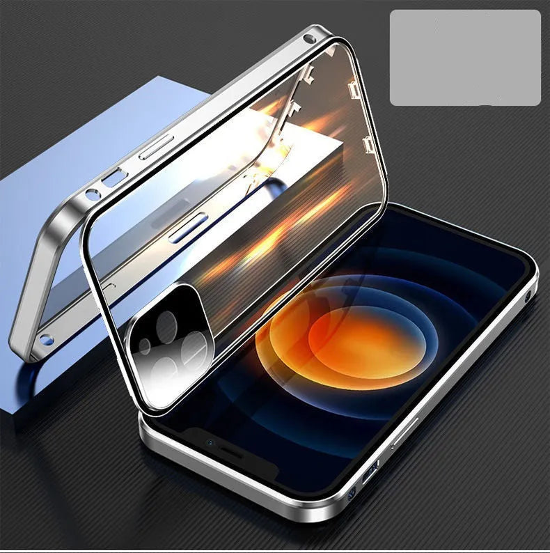 Aluminium alloy metal bumper case for iPhone with double-sided tempered glass in black, blue, red, or silver.