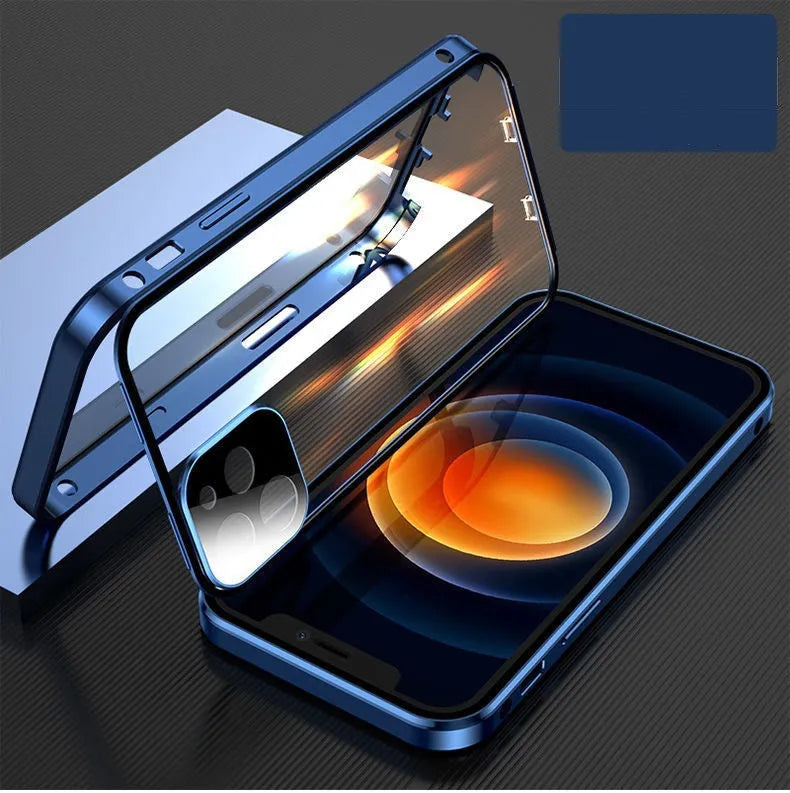 Aluminium alloy metal bumper case for iPhone with double-sided tempered glass in black, blue, red, or silver.