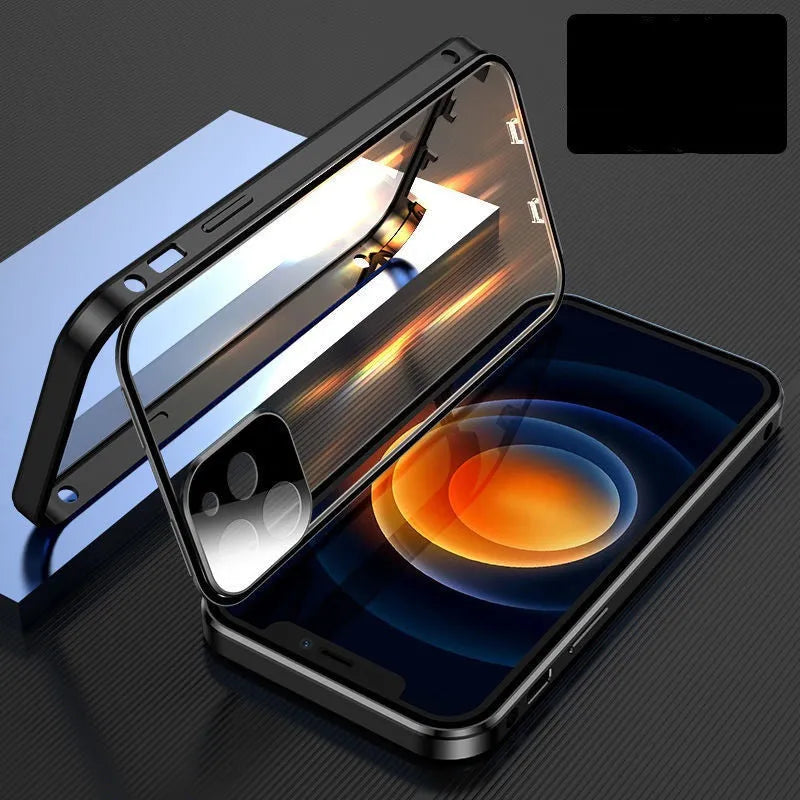 Aluminium alloy metal bumper case for iPhone with double-sided tempered glass in black, blue, red, or silver.