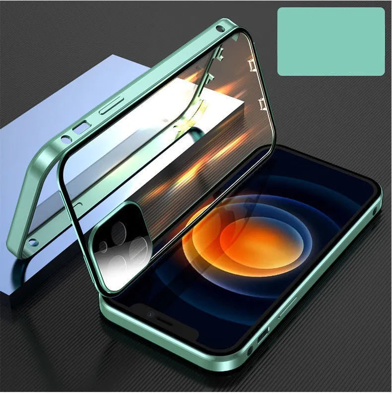 Aluminium alloy metal bumper case for iPhone with double-sided tempered glass in black, blue, red, or silver.