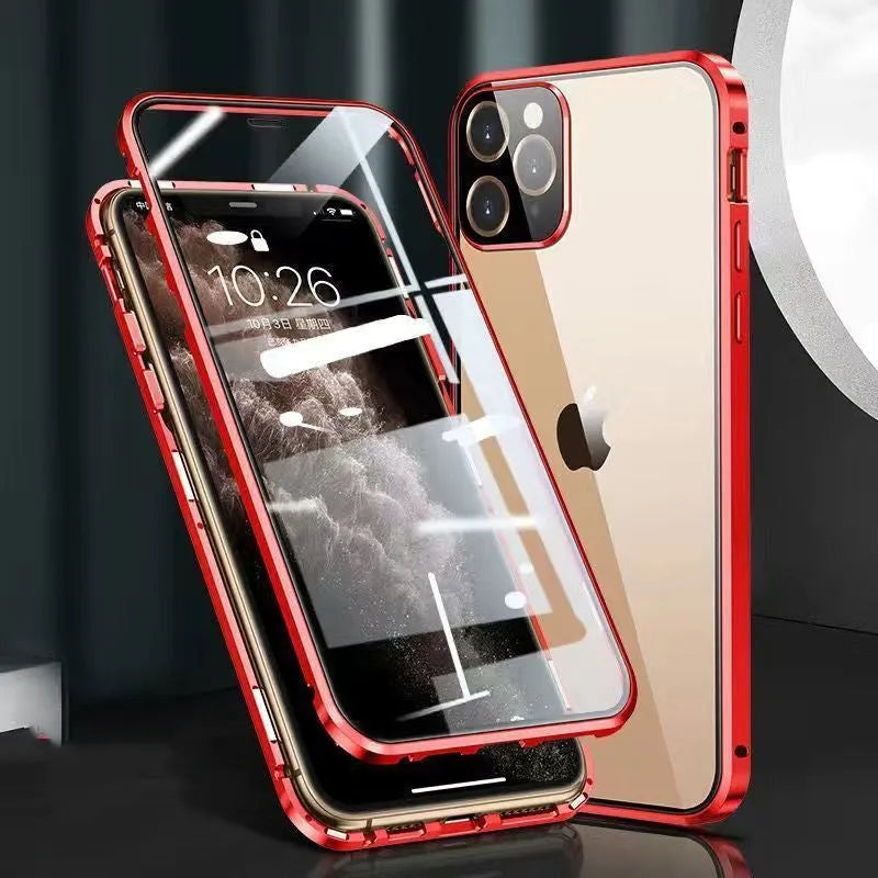 Aluminium alloy metal bumper case for iPhone with double-sided tempered glass in black, blue, red, or silver.