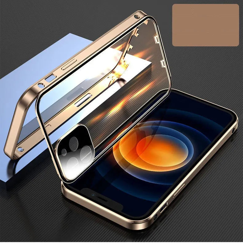 Aluminium alloy metal bumper case for iPhone with double-sided tempered glass in black, blue, red, or silver.