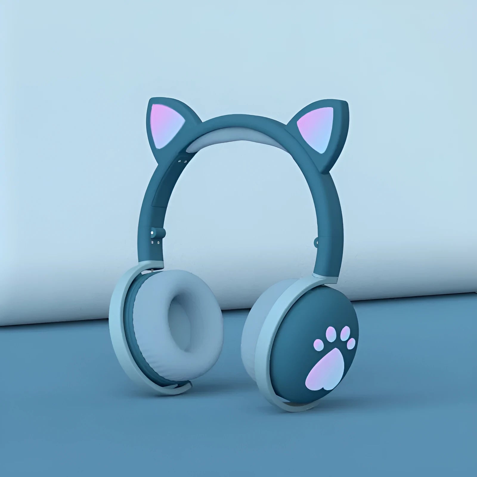Luminous Cool Cat Ear Bluetooth Headset with rainbow LED light effect on pink background