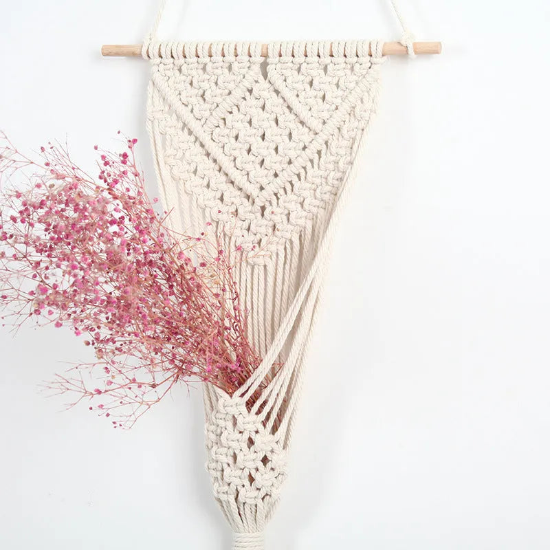 White hand-woven cotton net bag flower basket wall decoration with grid pattern, 30 by 70 centimetres