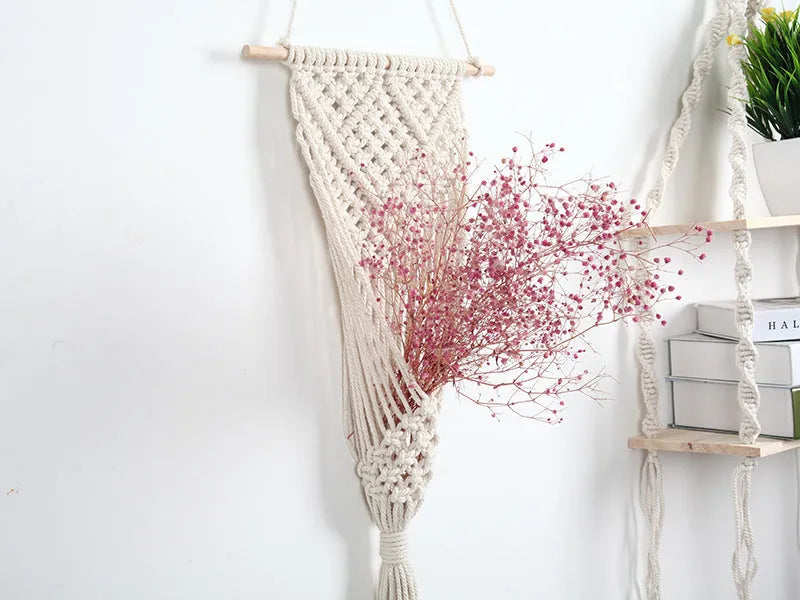 White hand-woven cotton net bag flower basket wall decoration with grid pattern, 30 by 70 centimetres