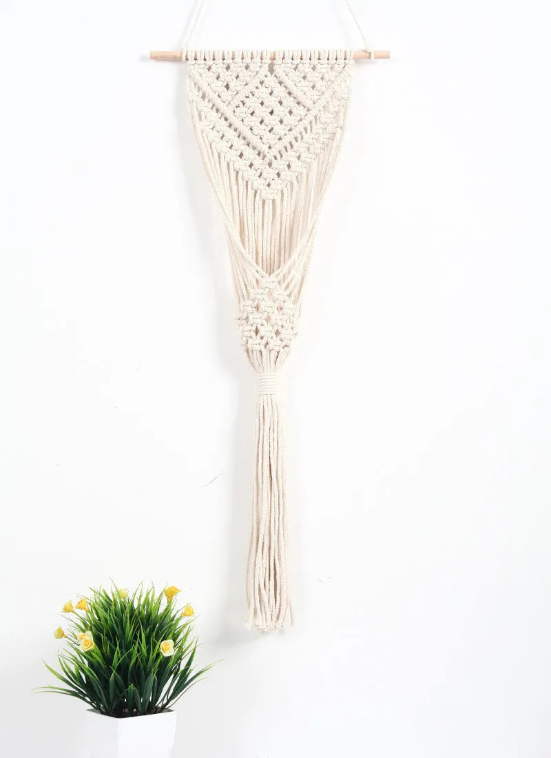 White hand-woven cotton net bag flower basket wall decoration with grid pattern, 30 by 70 centimetres