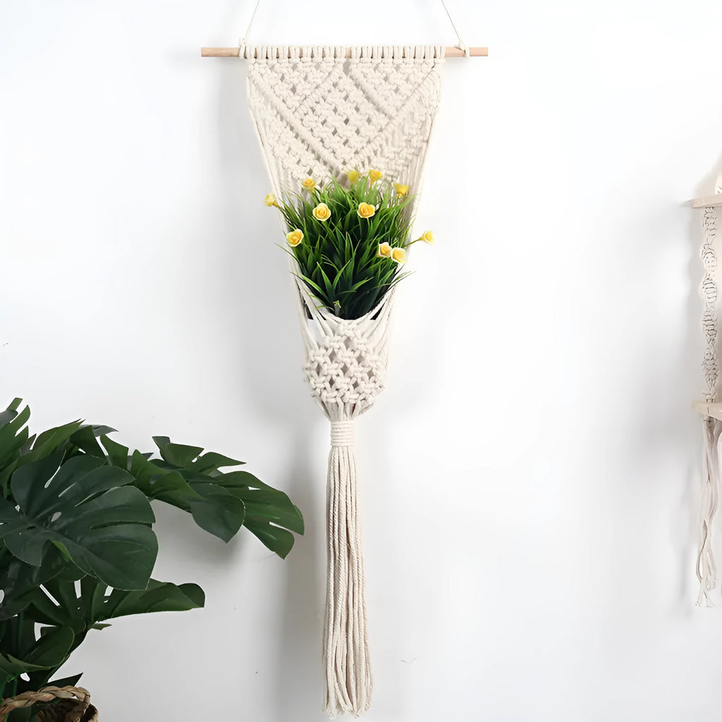 White hand-woven cotton net bag flower basket wall decoration with grid pattern, 30 by 70 centimetres