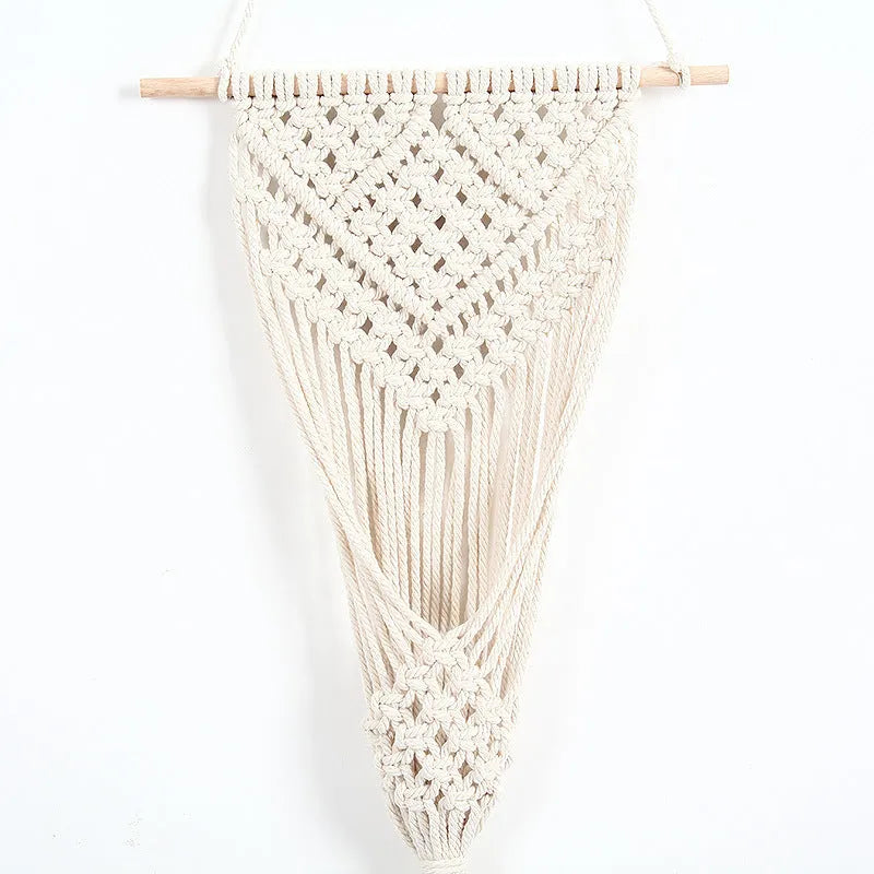 White hand-woven cotton net bag flower basket wall decoration with grid pattern, 30 by 70 centimetres