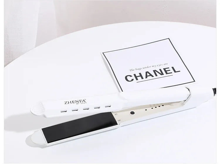 Gold wet dry curling iron with 15mm barrel and push button switch on white background