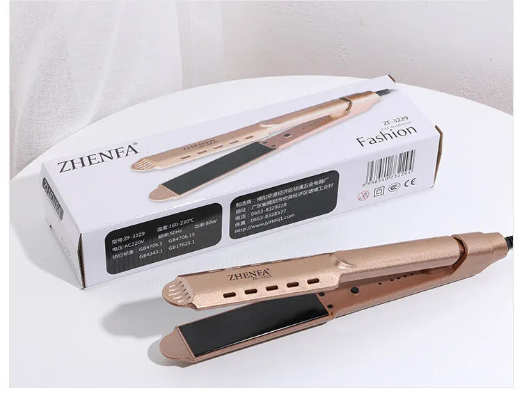 Gold wet dry curling iron with 15mm barrel and push button switch on white background