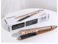 Gold wet dry curling iron with 15mm barrel and push button switch on white background