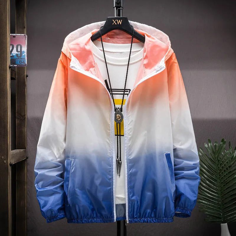 Hooded sun protection top in gradient colours, polyester quick-dry fabric, front view, sizes S to 3XL