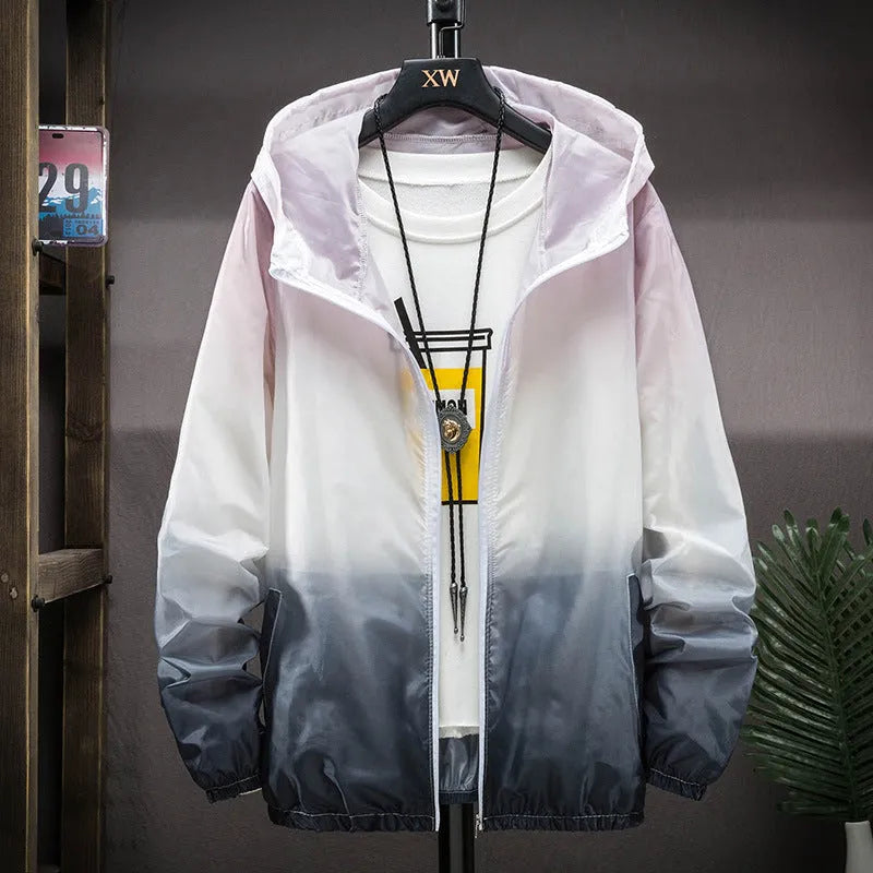 Hooded sun protection top in gradient colours, polyester quick-dry fabric, front view, sizes S to 3XL