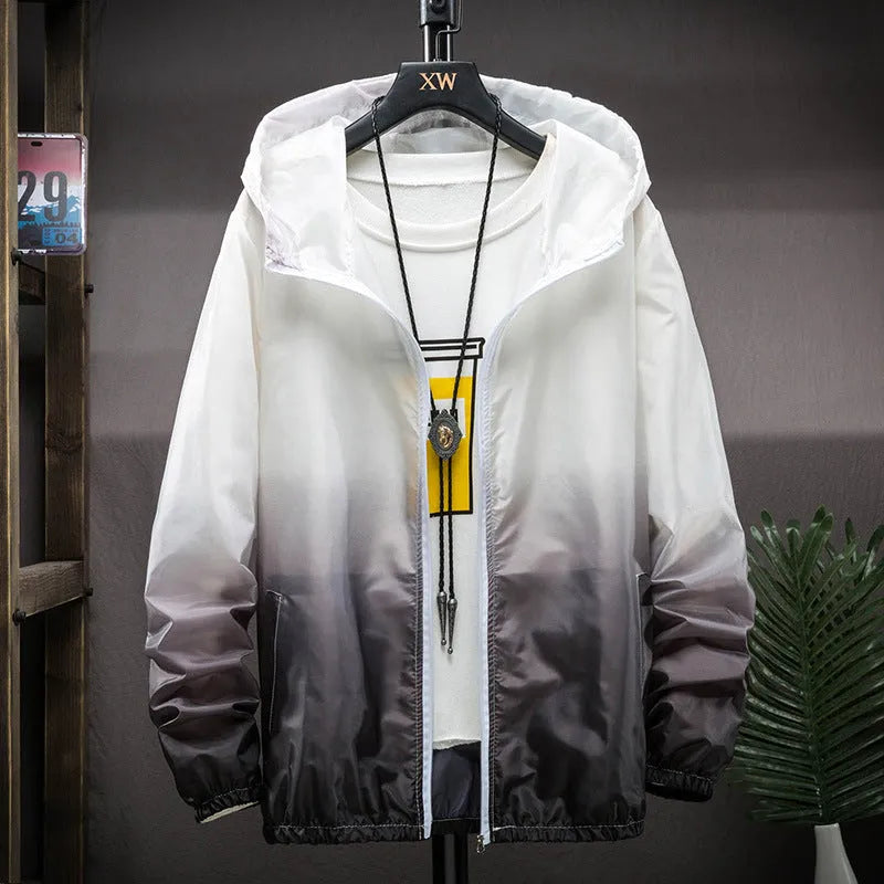 Hooded sun protection top in gradient colours, polyester quick-dry fabric, front view, sizes S to 3XL