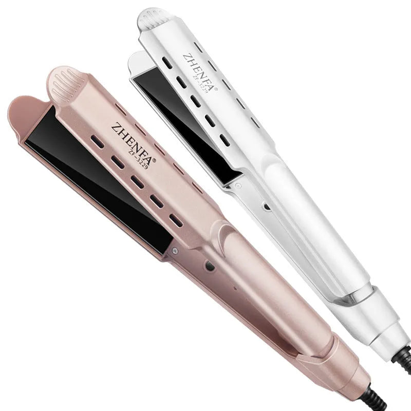 Gold wet dry curling iron with 15mm barrel and push button switch on white background